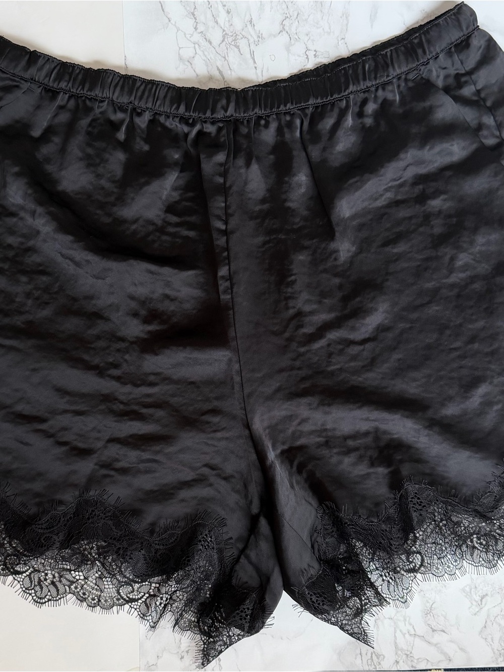LOFT Black Satin Lace-Trim Shorts